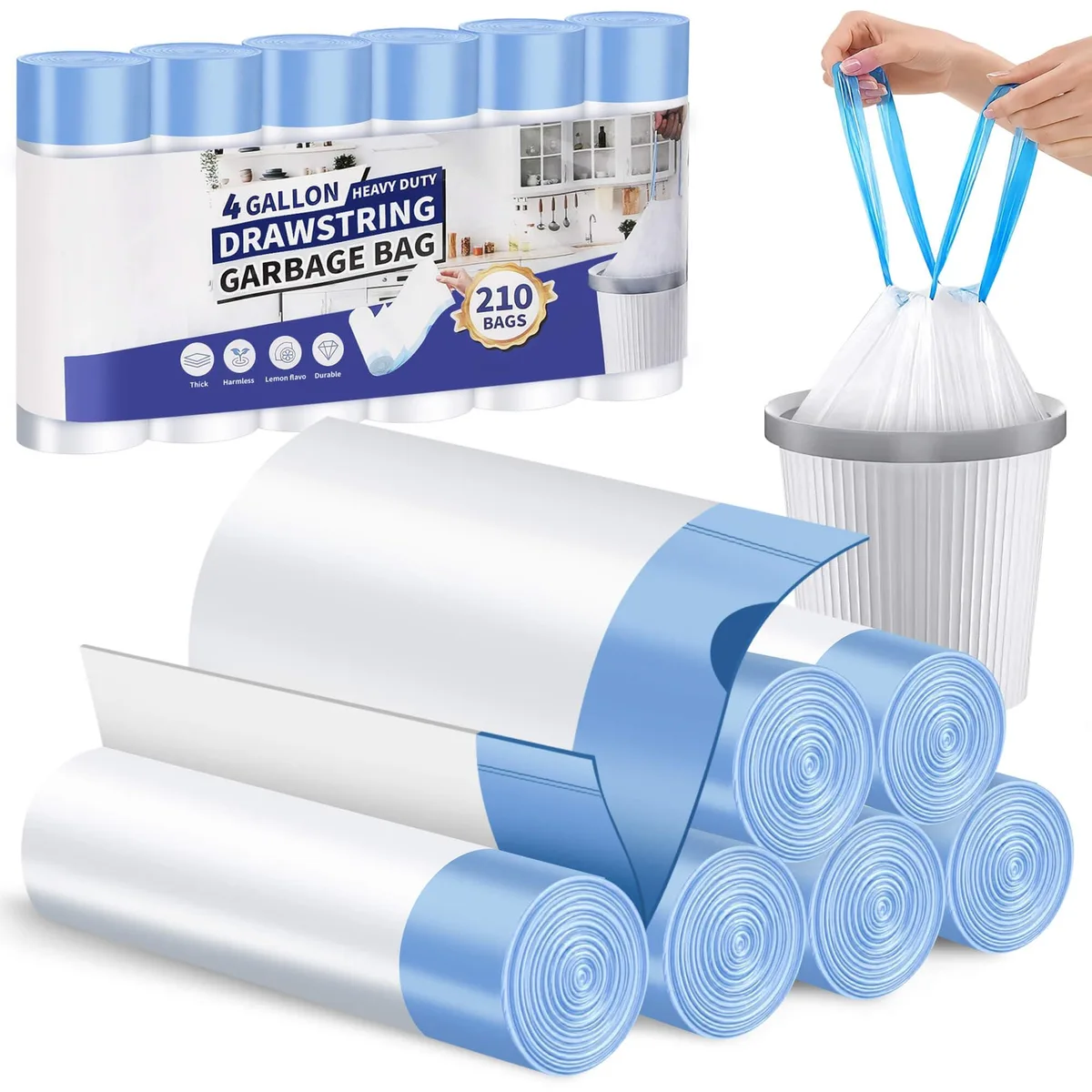 White roll of 210 drawstring 4-gallon trash bags
