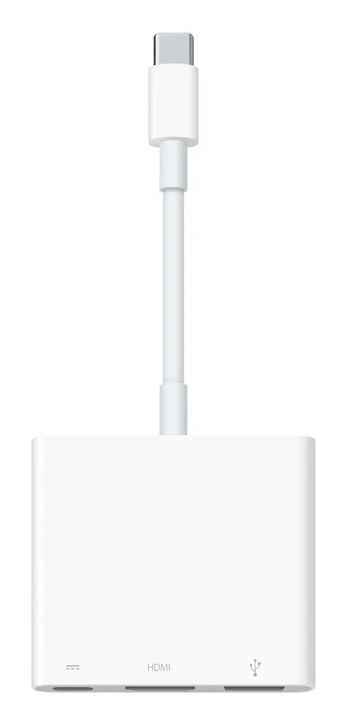 White rectangular USB-C adapter with HDMI USB and USB-C ports