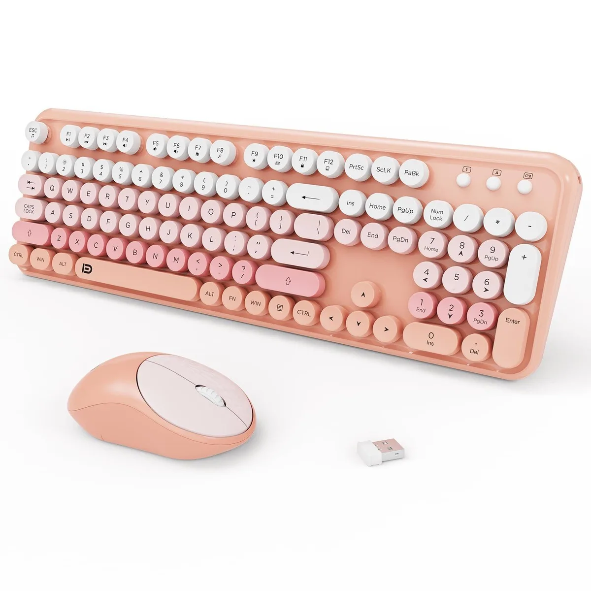 Colourful retro typewriter-style wireless keyboard with round keycaps and matching mouse, compact full-size layout with numeric keypad