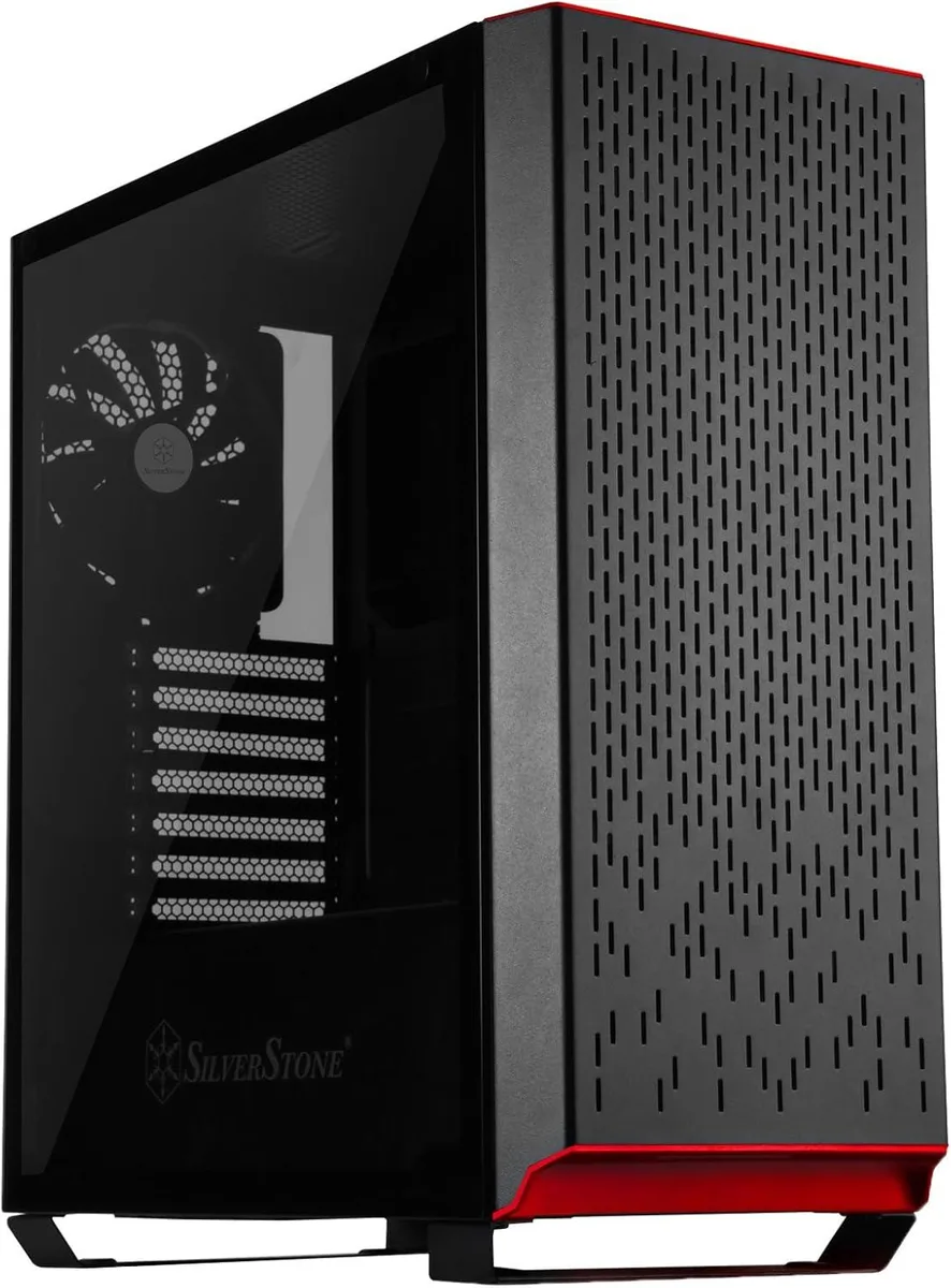 Black metal tower case with tinted tempered-glass side panel and perforated front panel