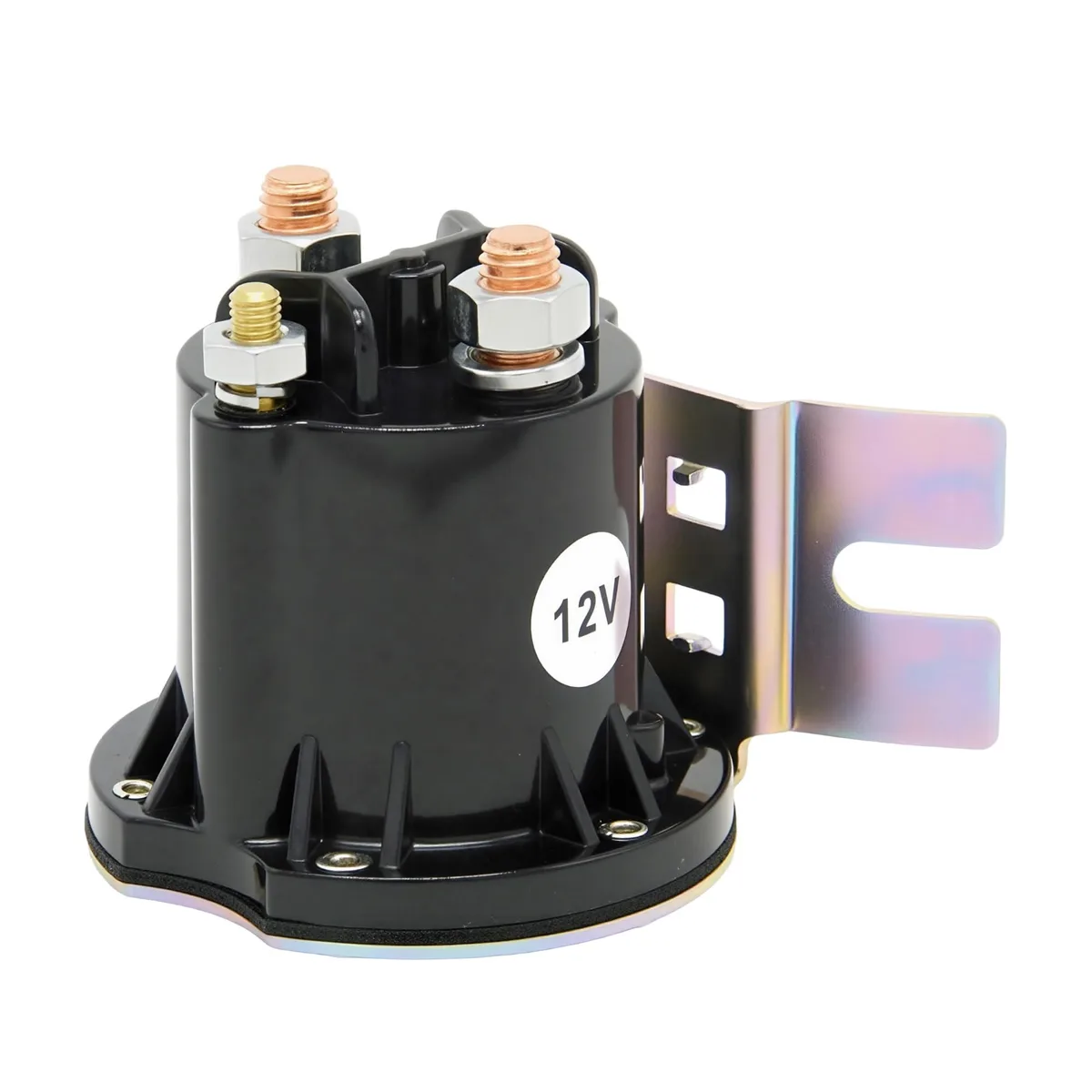Small black plastic relay with three metal terminals and curved mounting base