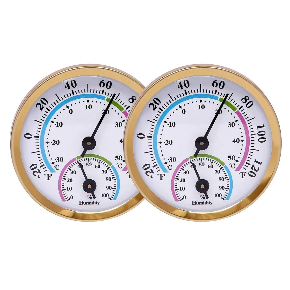 Two gold analog dials showing temperature and humidity