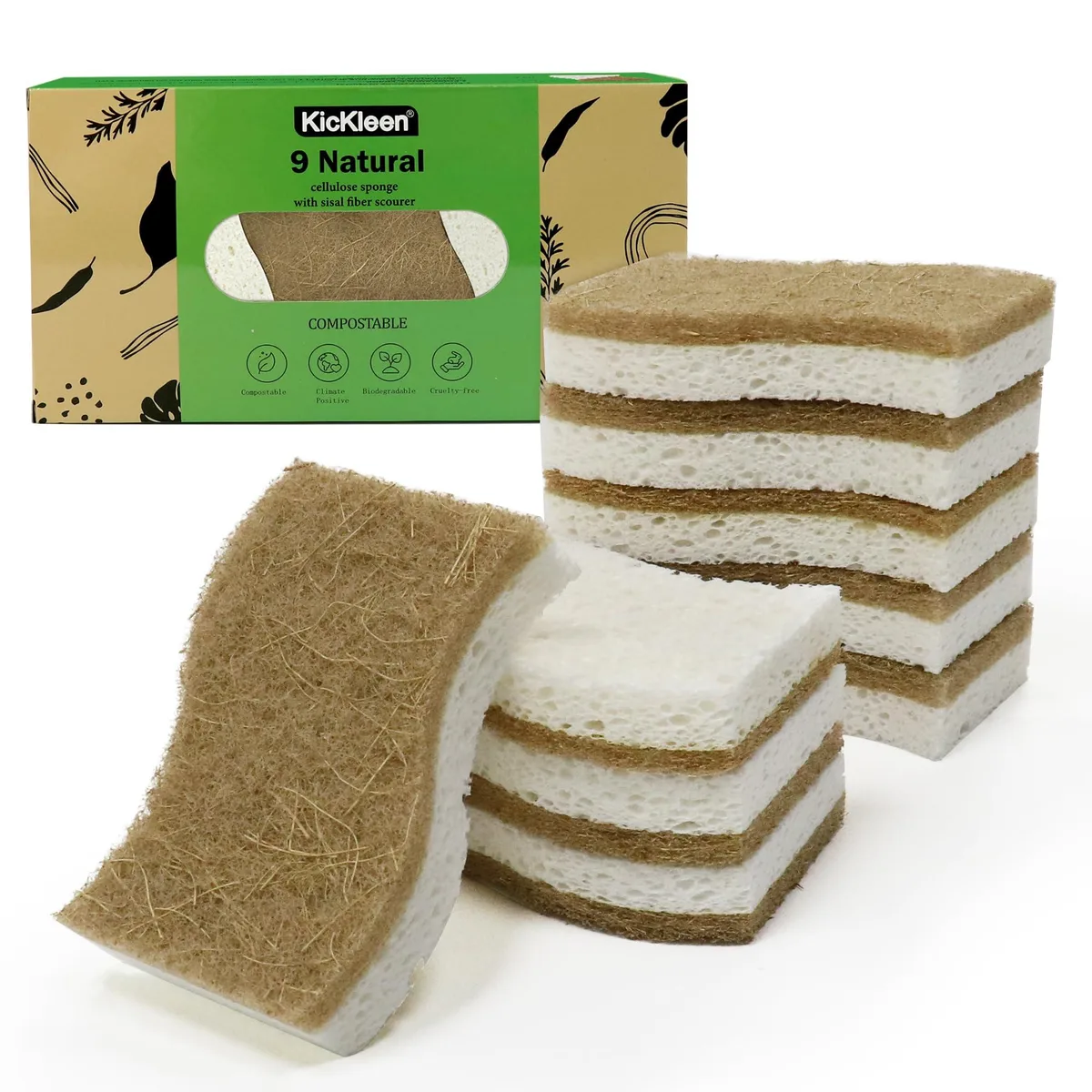 Nine S-shaped white cellulose sponges with coconut husk scrubber sides