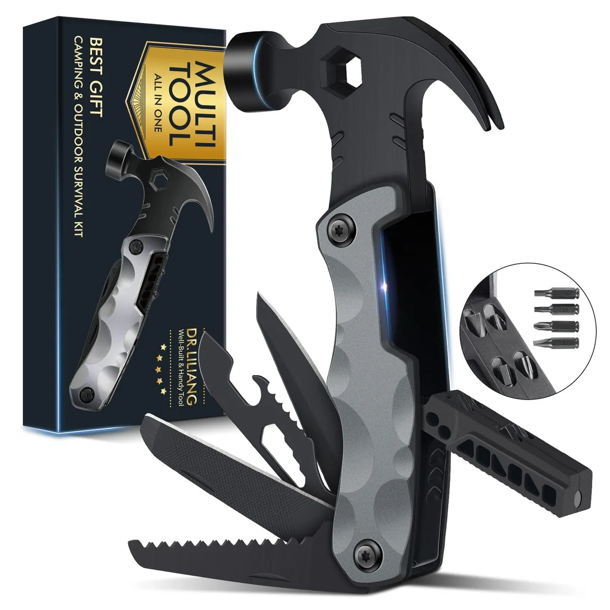 Three blue multitool hammers in a gift box, each 5.9 by 2.9 by .8 inches with steel handle and rubber grip