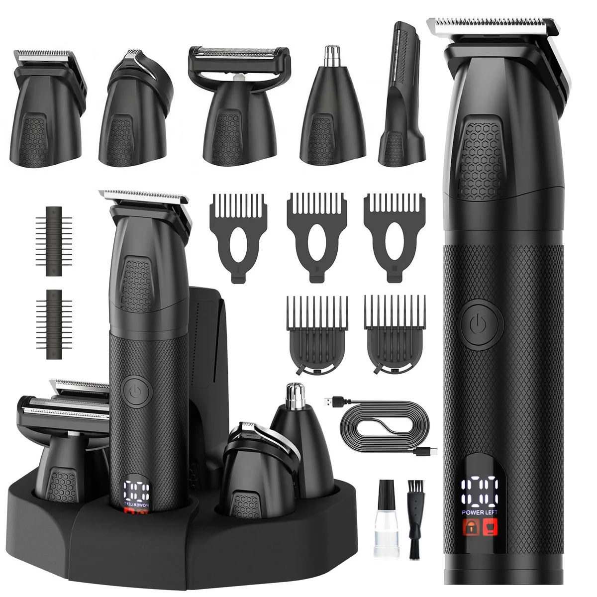Black cordless grooming kit with five interchangeable heads and LED display