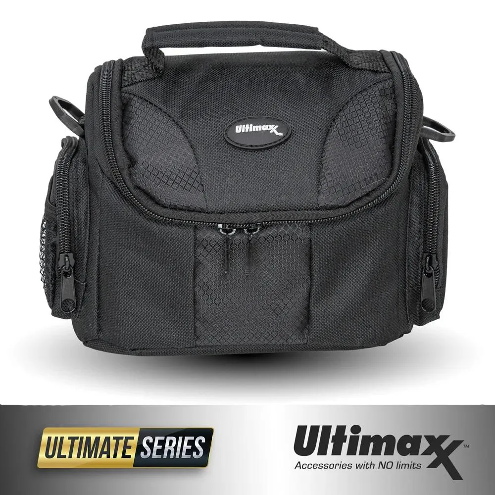 Medium black camera bag with padded handle, side pockets and adjustable shoulder strap