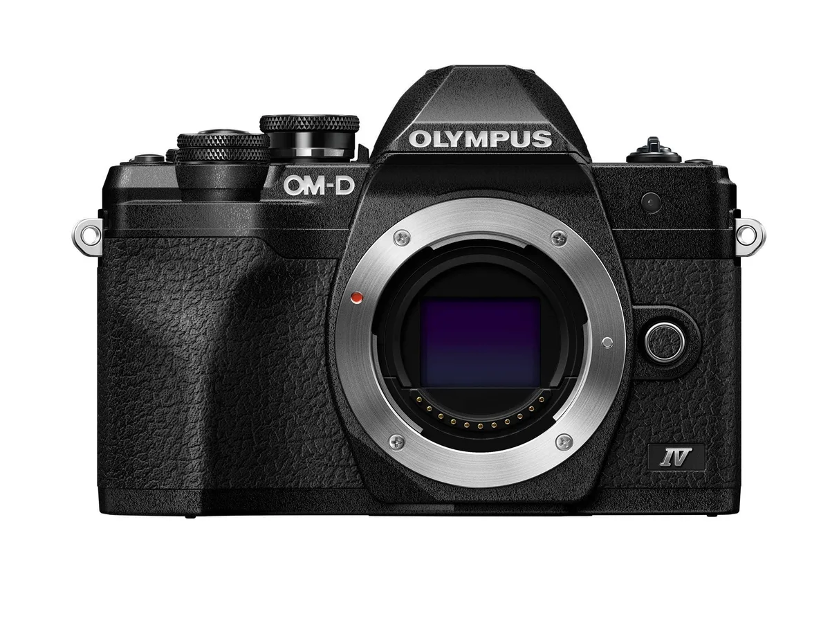 Black Olympus OM-D E-M10 Mark IV mirrorless camera body with flip-down touchscreen