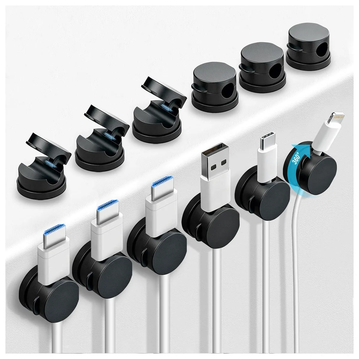 Twelve small black square spring clips with adhesive backs shown in a pack