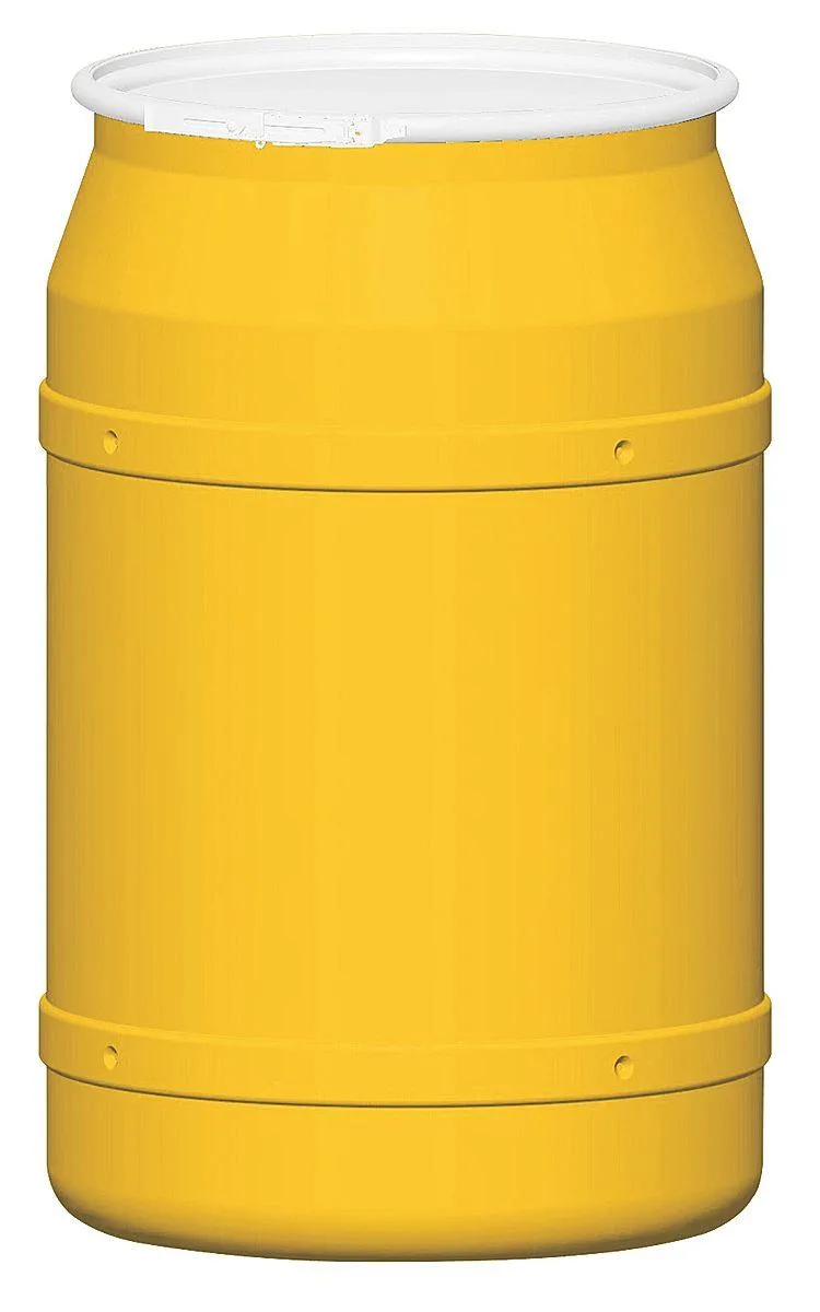 Yellow open-head polyethylene drum 57.5 gal 22 1/2 in diameter 36 3/8 in height