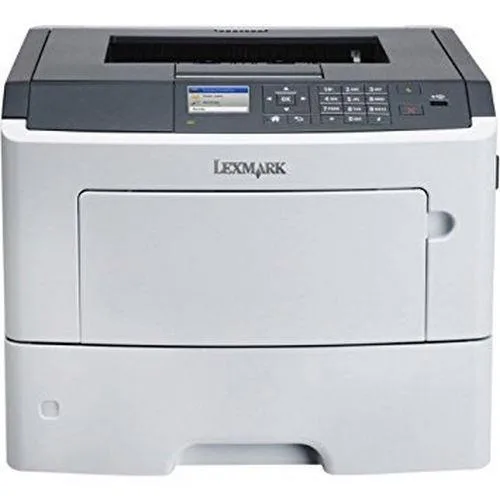 Rectangular white office laser printer with paper trays and network port