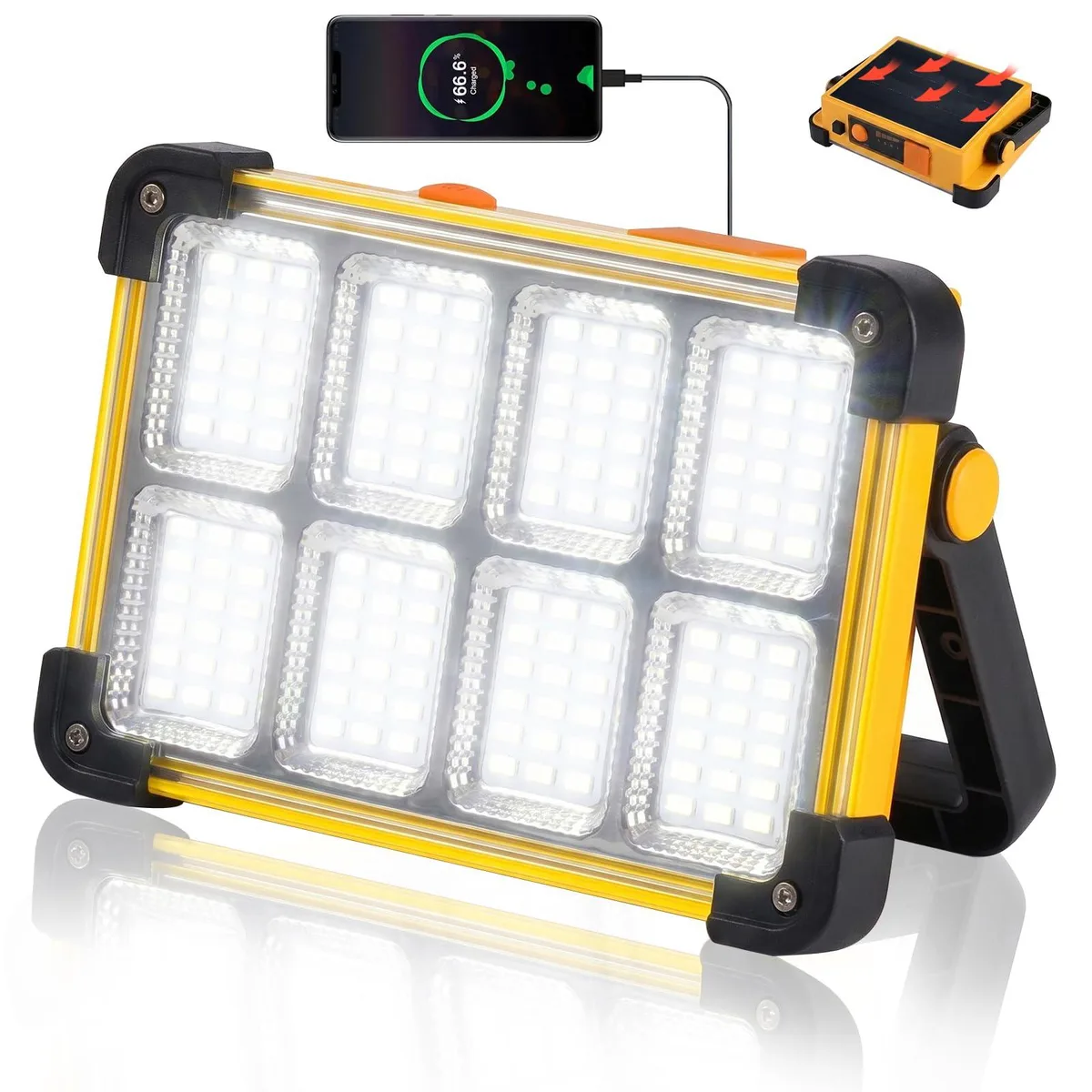 Black rectangular LED flood light with foldable stand, 6 by 4 by 1.8 inches, 144 LEDs, IP65 waterproof