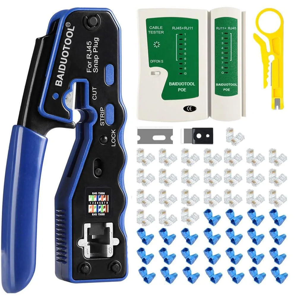 Red Klein Tools RJ45 crimp kit with cutter stripper tester and connectors