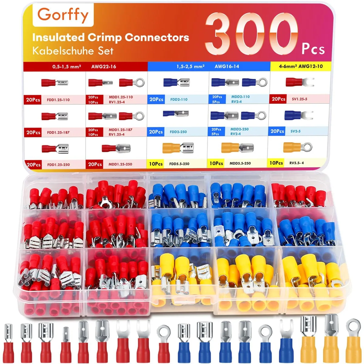 Assorted insulated spade, fork and ring terminals in red, blue and yellow nylon sleeves