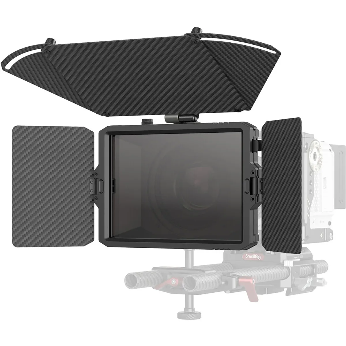 Black matte box with adjustable top and side flags, two 4 x 5.65 filter trays, and 67-95mm adapter rings