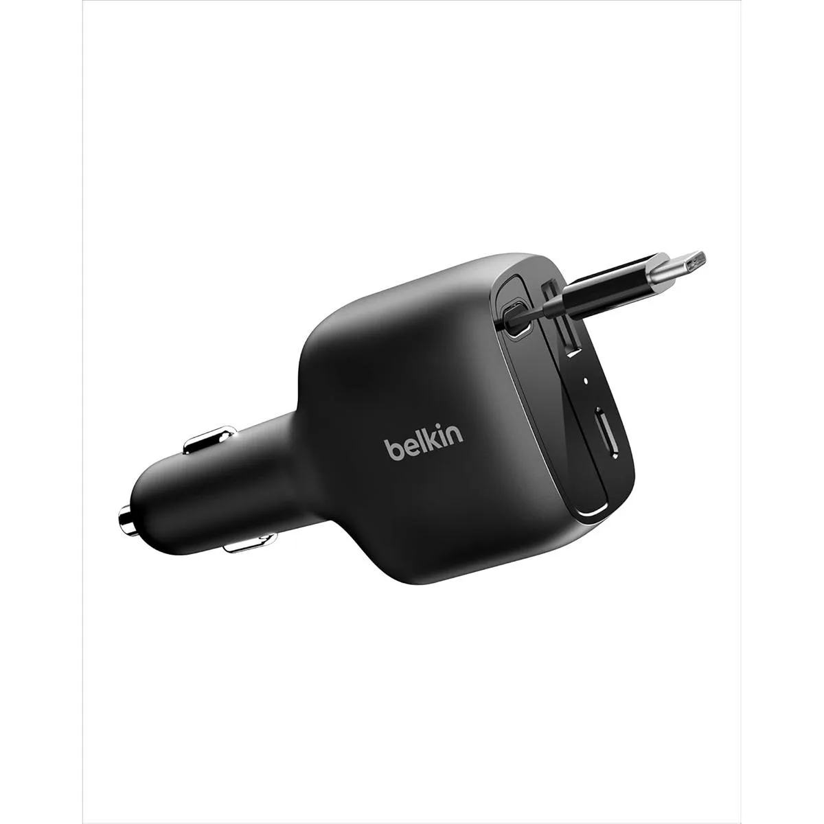 Belkin Belkin CCC001fqBK 75W Dual Port Car Charger USB-A USB-C Retractable Cable Black — product photo