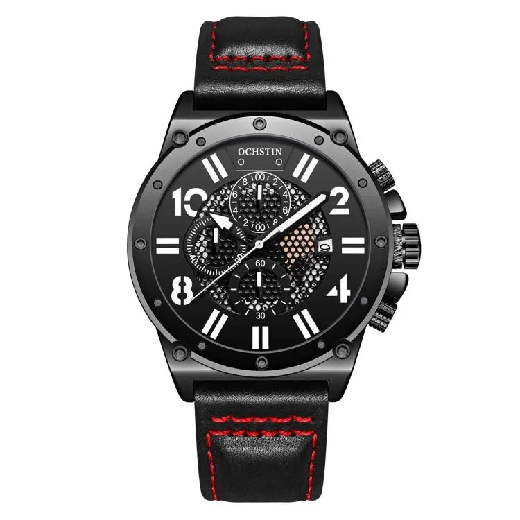 Round black-dial chronograph watch with black leather strap and silver alloy case