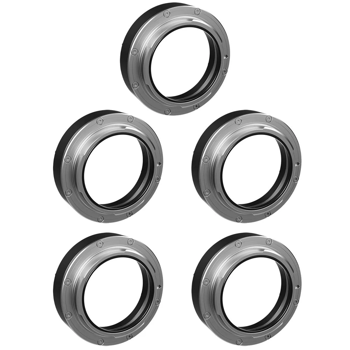 Five silver EF-mount bayonets, caps, shim sets and a screwdriver on a light background