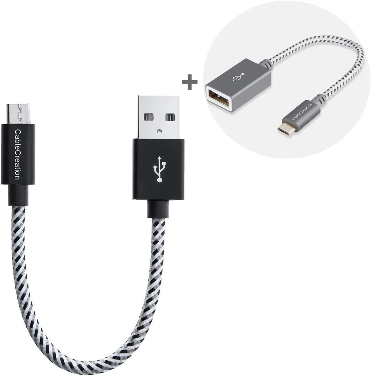 Short braided micro USB cable and OTG adapter with aluminium ends, black and white cotton jacket
