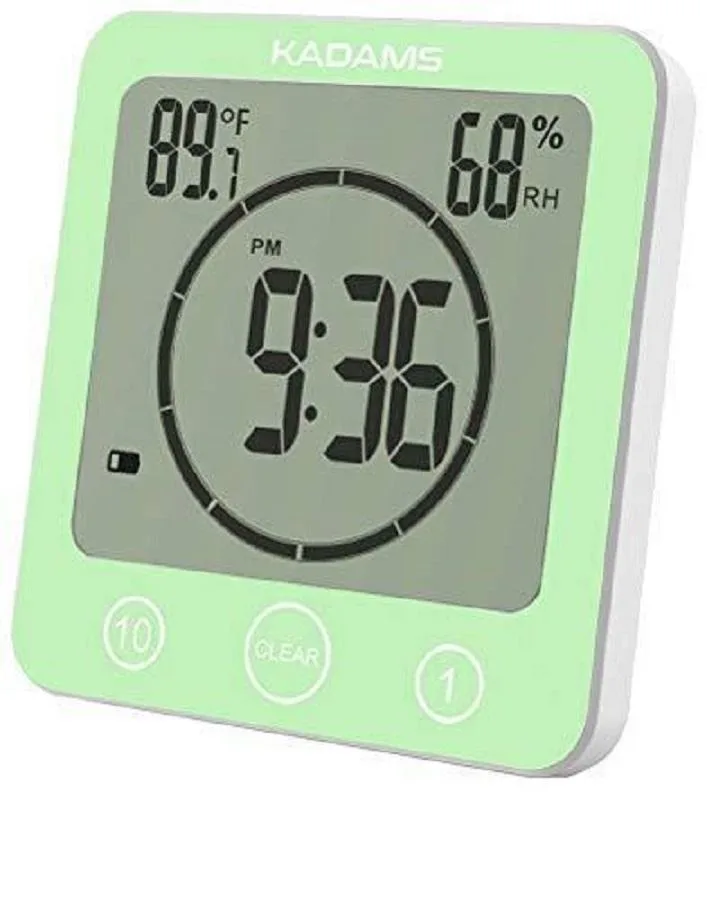 Green rectangular digital clock timer with suction cup and stand, waterproof LCD display showing time and temperature