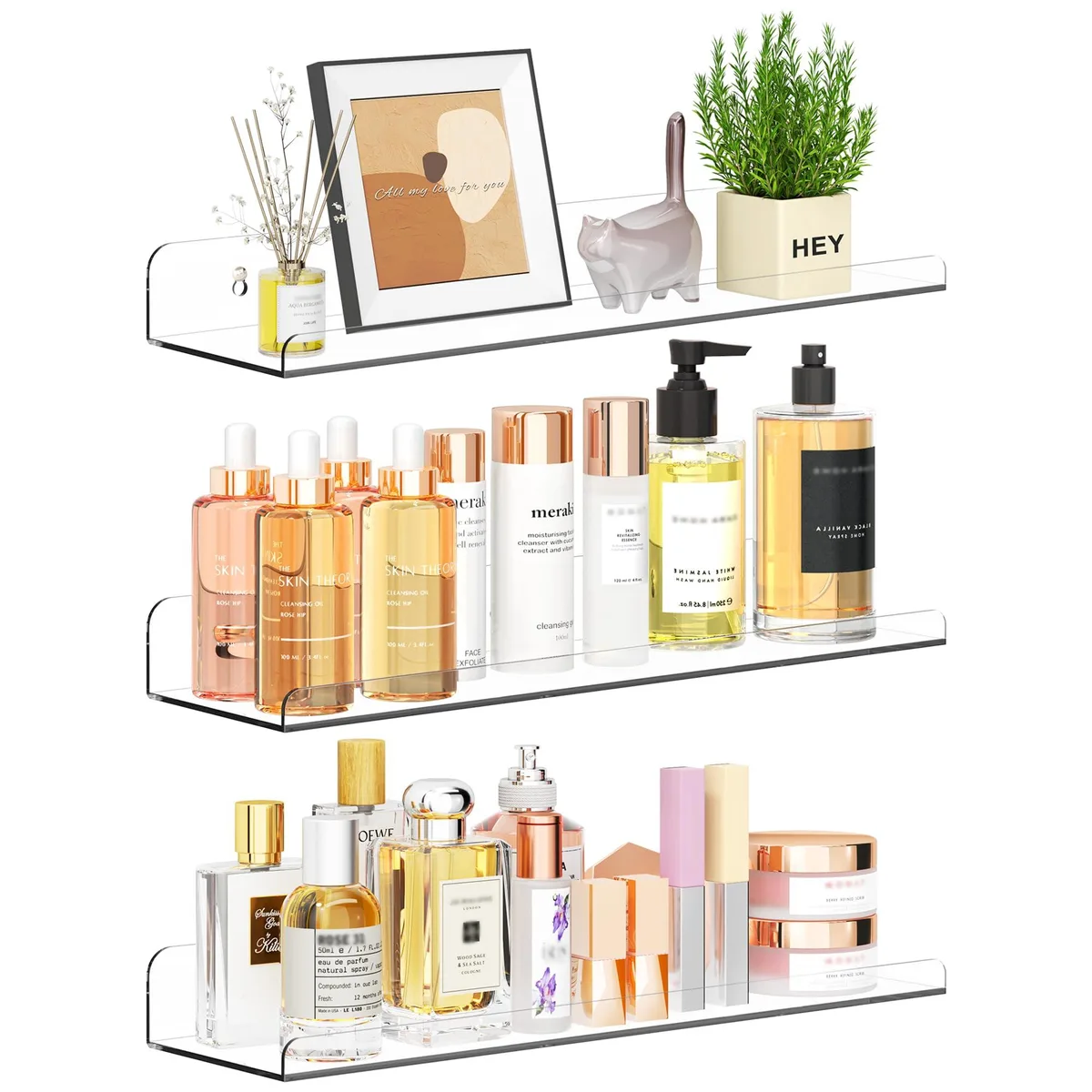 Three transparent 15-inch floating shelves with front lip, clear polystyrene finish