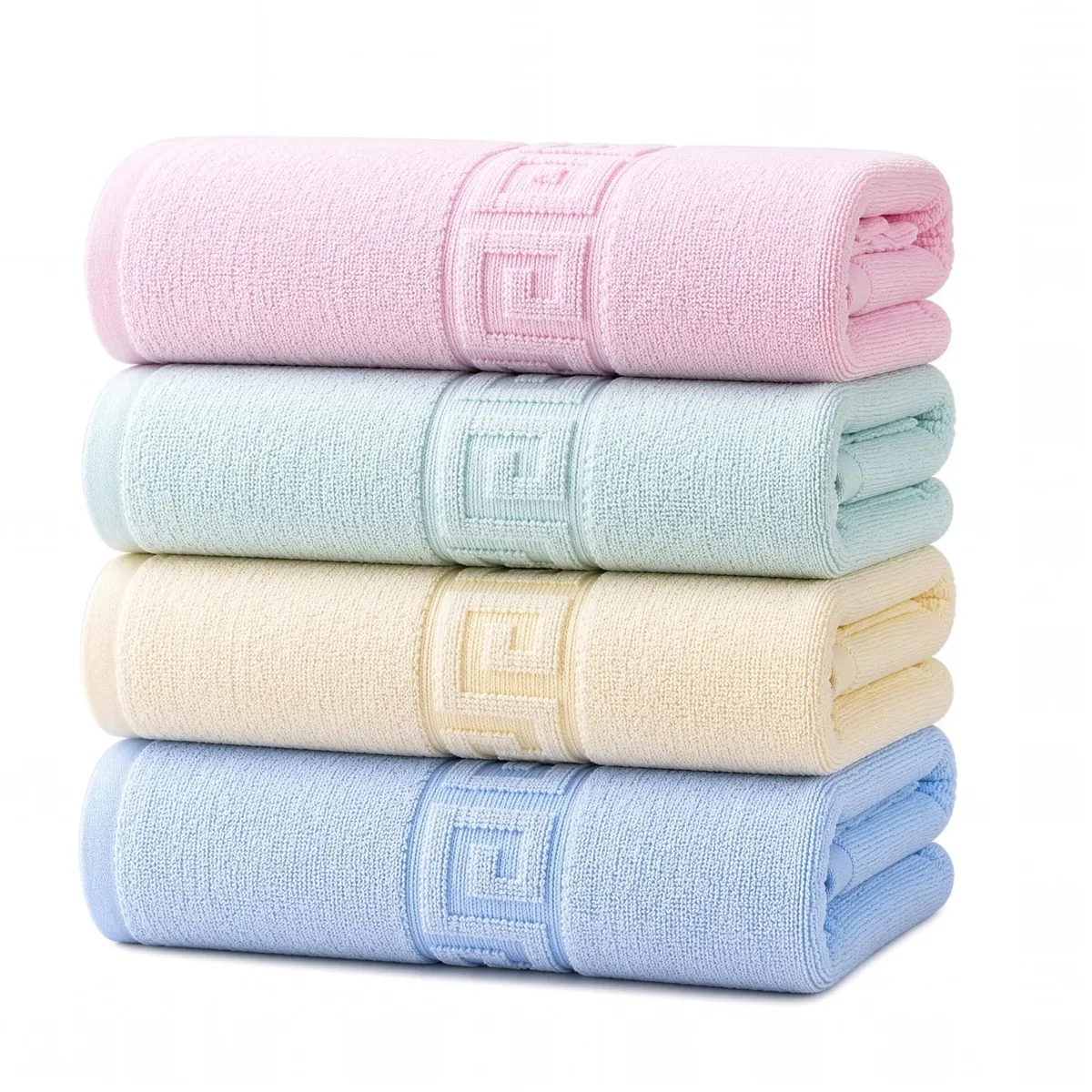 Four rectangular cotton bath towels in assorted colours, folded flat, 30 by 60 inches