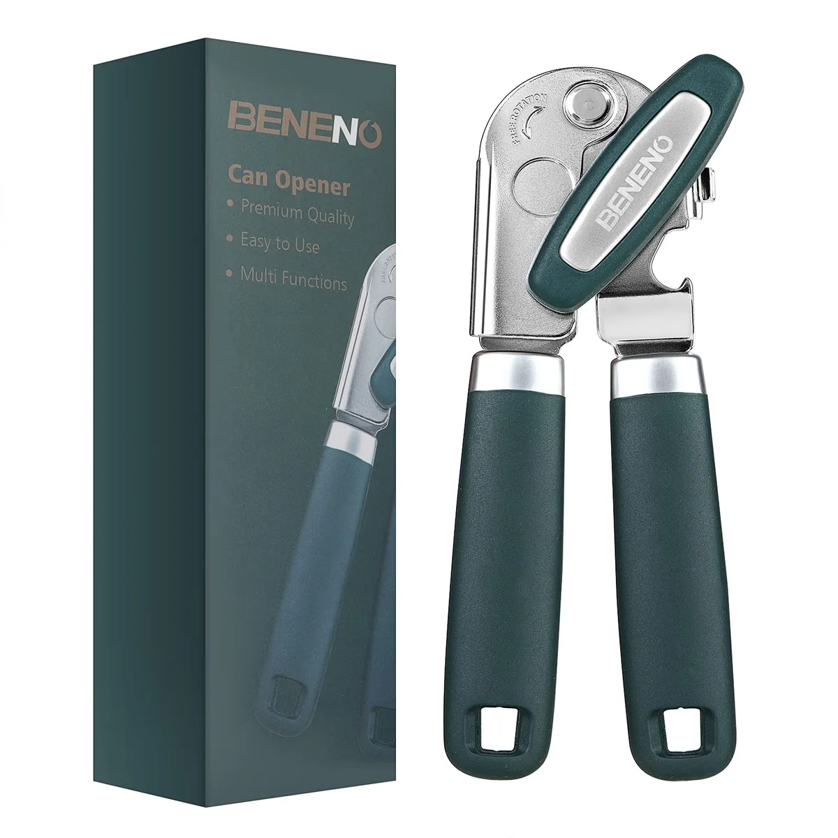 Green manual can opener with soft-grip handle, large knob and carbon steel blade