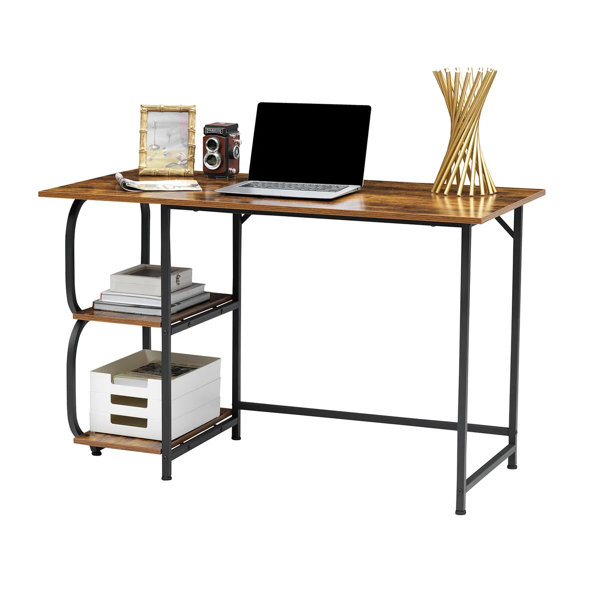 Anivia(China) Anivia(China) L-Shaped Desk 47" Black &amp; Brown Wood Metal 2 Shelves — product photo