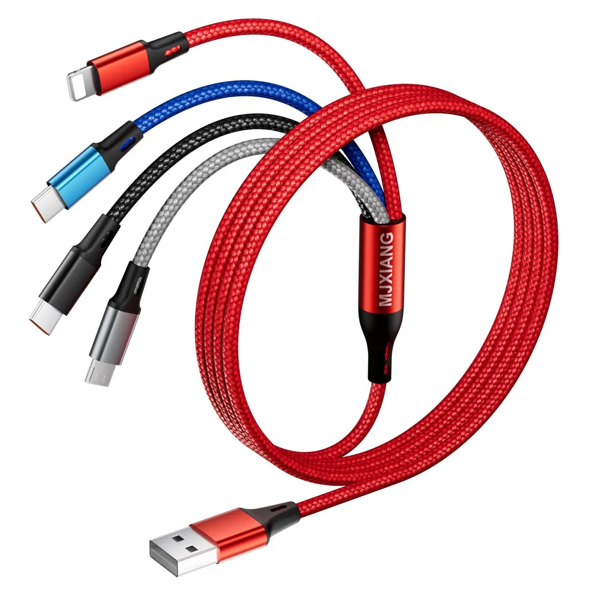 Two red braided USB cables with four connectors each