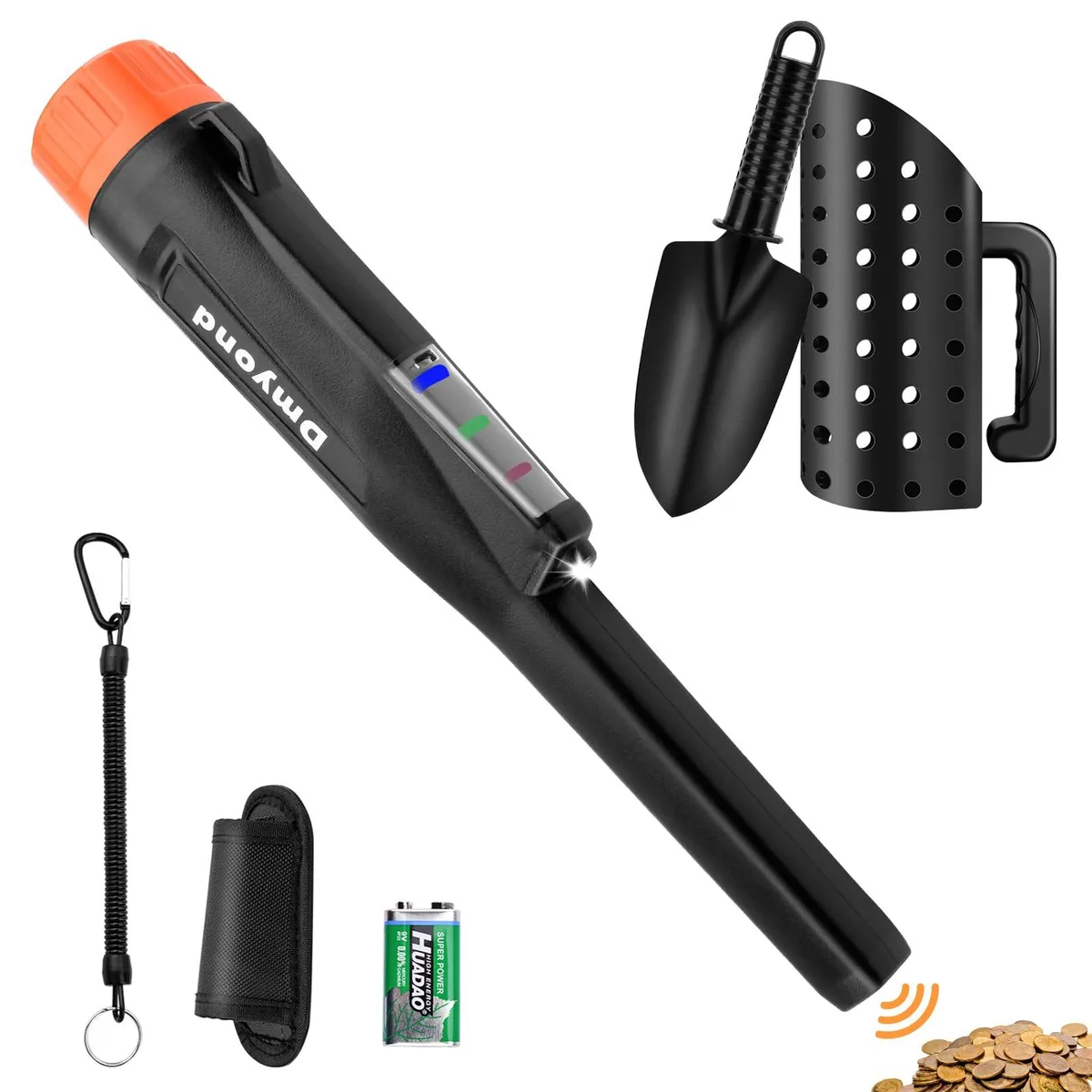 Orange handheld metal detector pinpointer with accessories kit