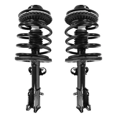 Two silver strut assemblies with coil springs and top mounts side by side