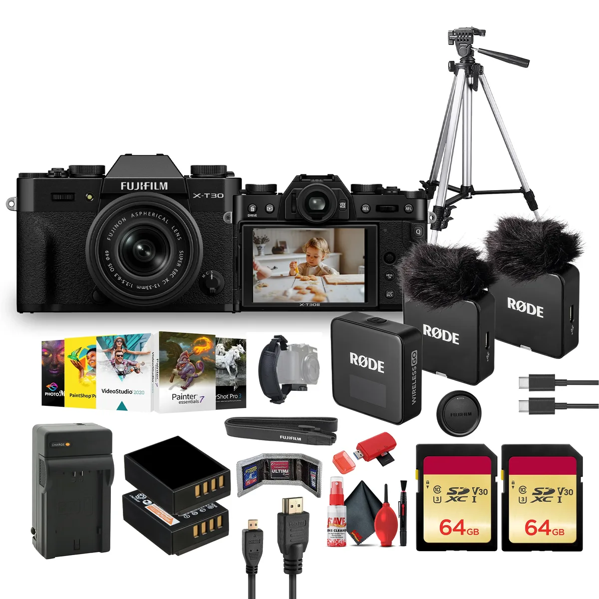 FUJIFILM FUJIFILM X-T30 III compact mirrorless camera with 13-33mm lens and RODE Wireless GO — product photo