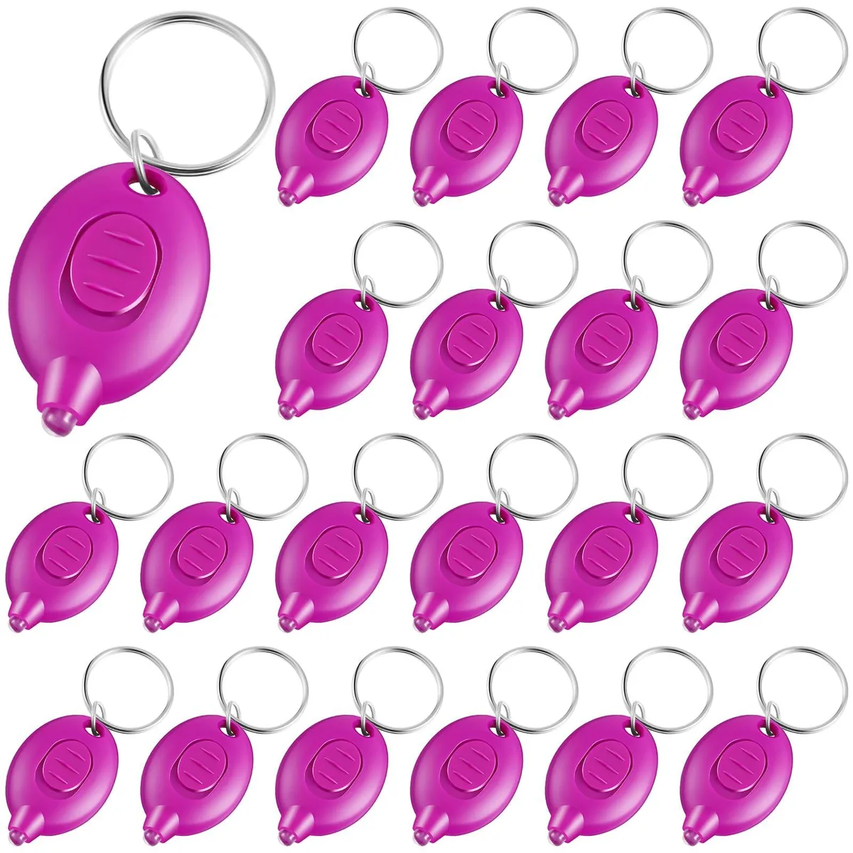 Twenty small purple plastic UV LED keychain lights with rings, each about seven centimetres long