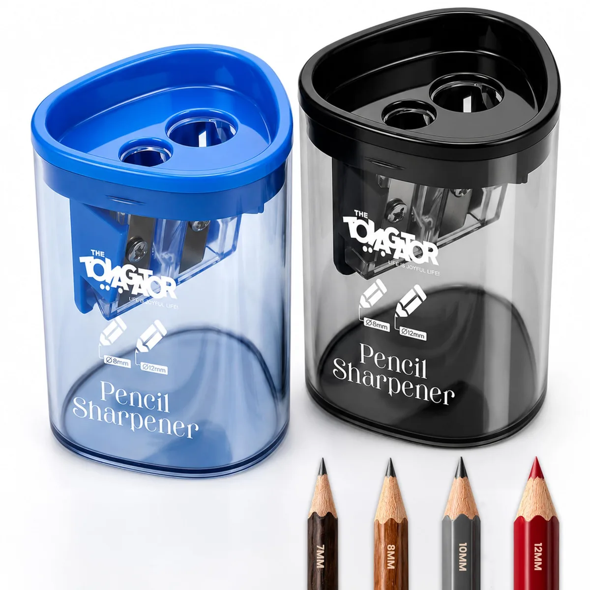 Two handheld plastic pencil sharpeners, one black and one blue, each with dual holes and a transparent shavings container