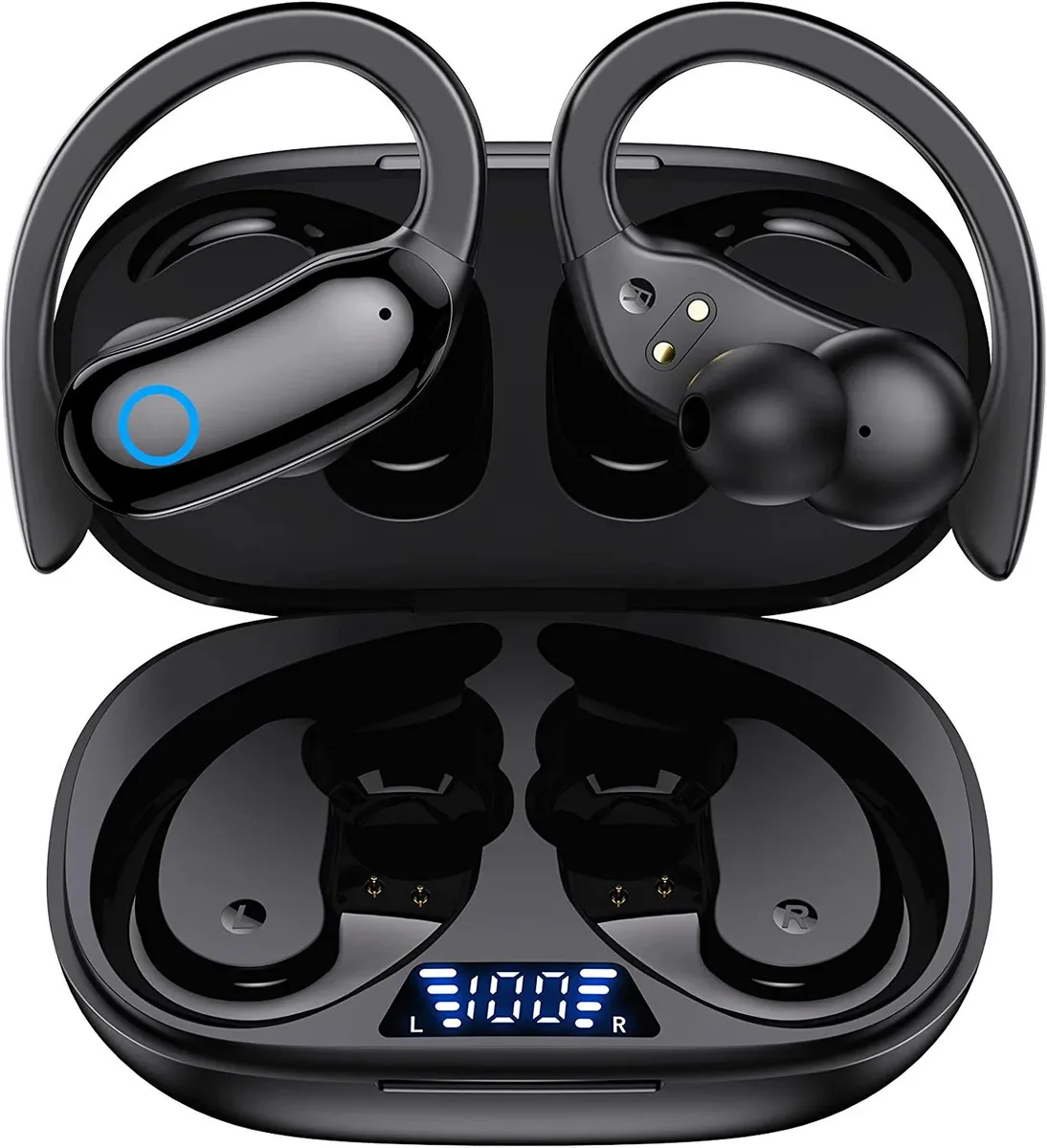 Black wireless earbuds with ear hooks and LED charging case