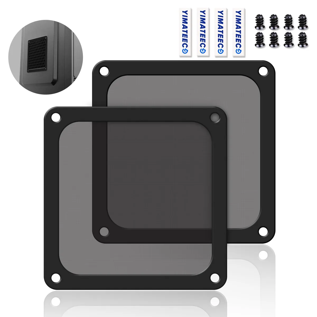 Two black 120 mm square nylon mesh filters with magnetic frames, 80 mesh, 0.16 cm thick