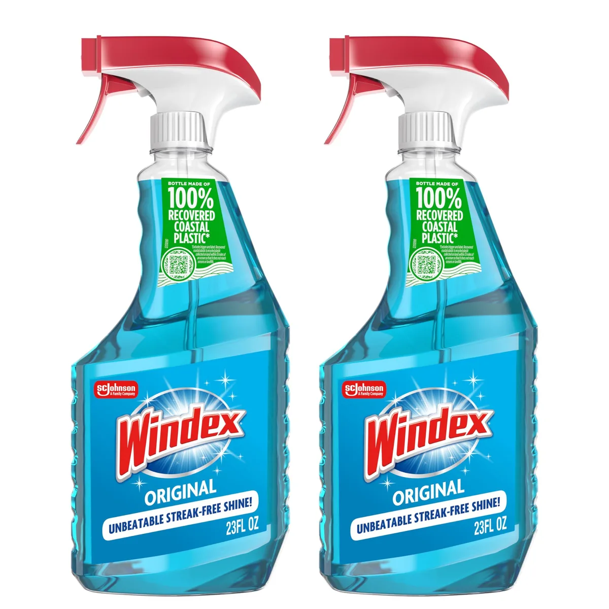 Two blue 23 fl oz spray bottles of Windex glass cleaner