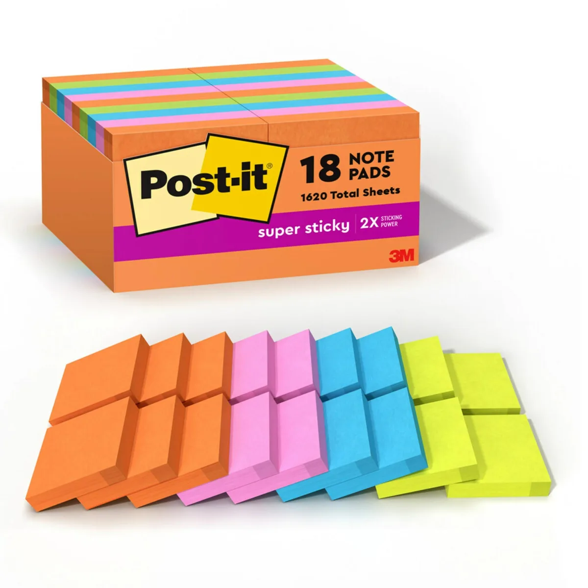 Eighteen square pads of bright multi-colour sticky notes in a paperboard carton