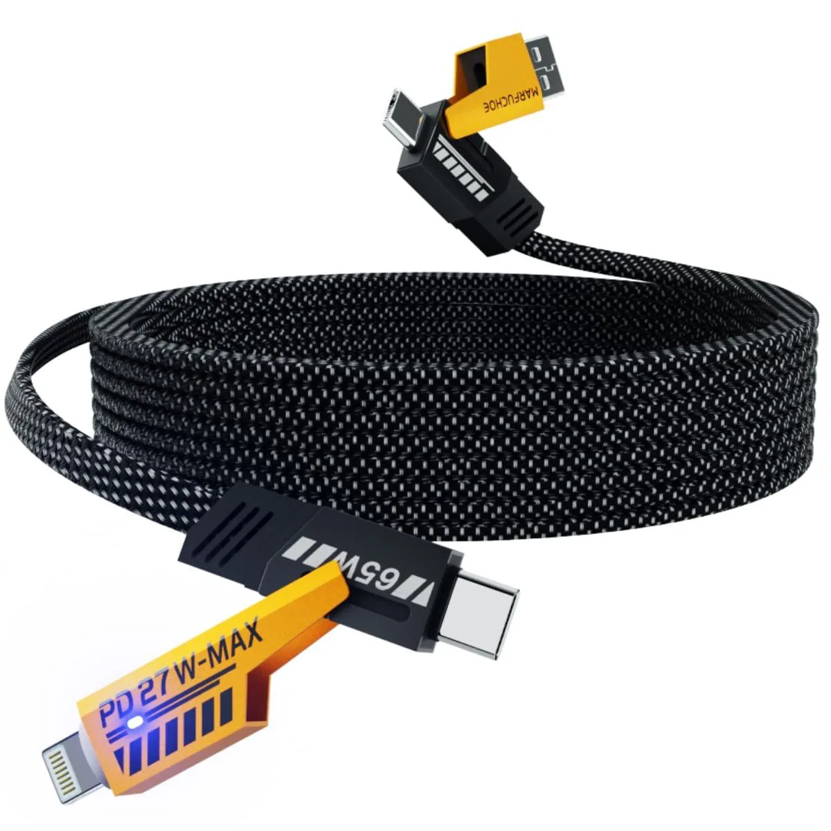 Black 4-in-1 magnetic USB-C cable with USB-A, USB-C and Lightning tips, 3.3FT
