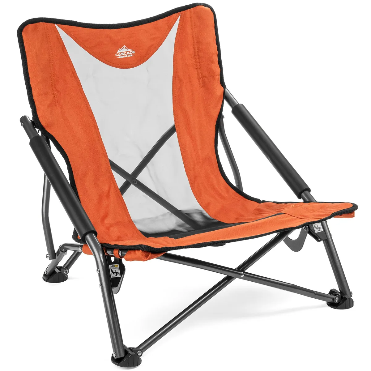 Orange low-profile folding camp chair with mesh back, cushioned armrests, steel-aluminium frame, folded in carry bag