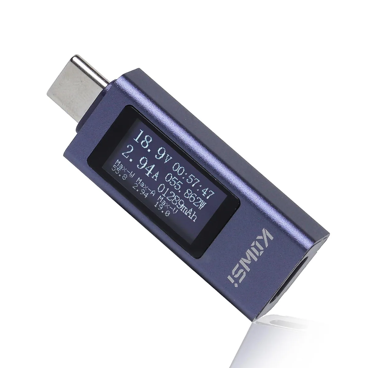 Compact USB-C power meter with digital display and male-to-female connectors