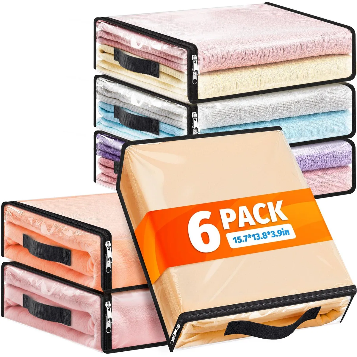Six clear rectangular storage bags with zippered tops and reinforced handles, folded flat