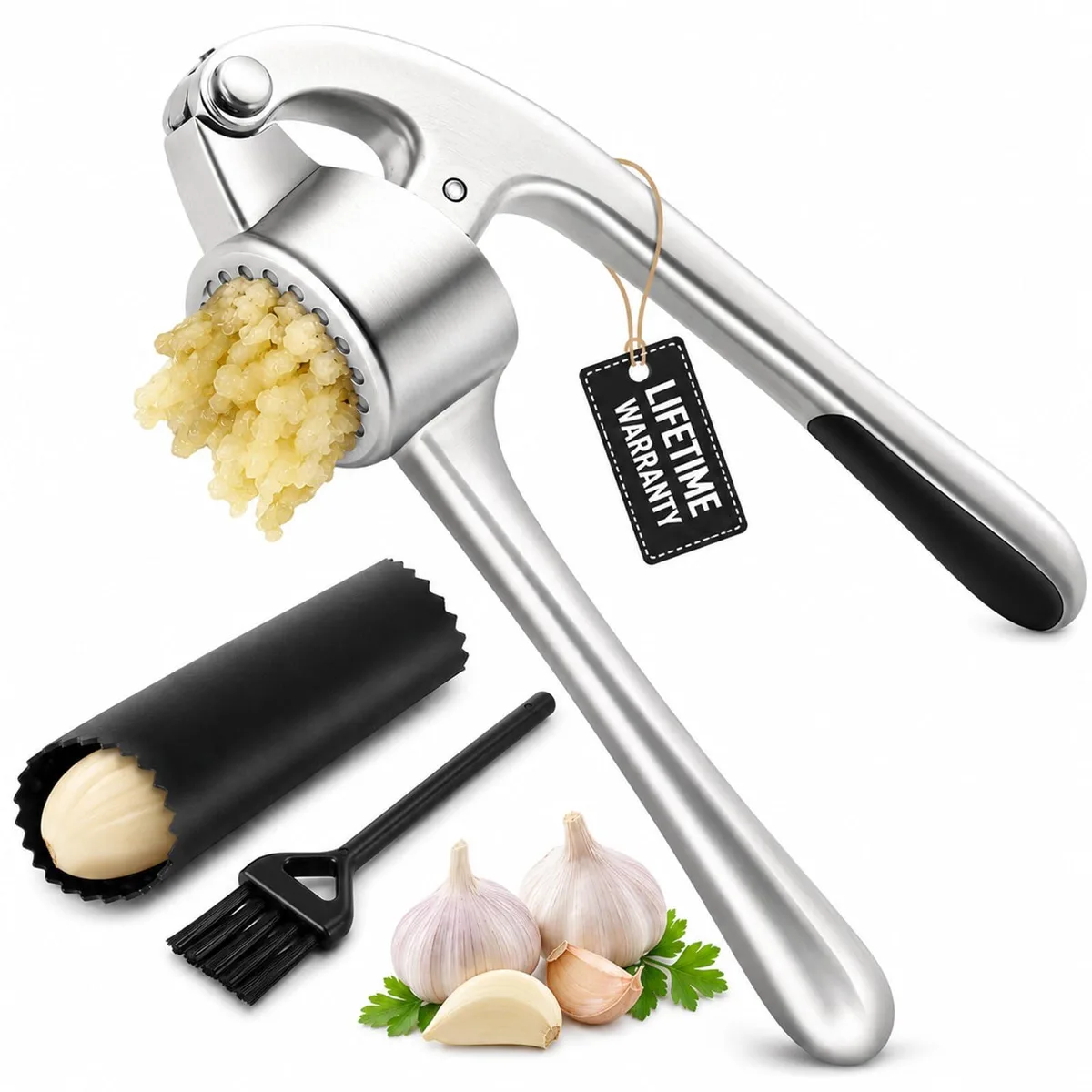 Silver garlic press with ergonomic handle, silicone peeler and cleaning brush