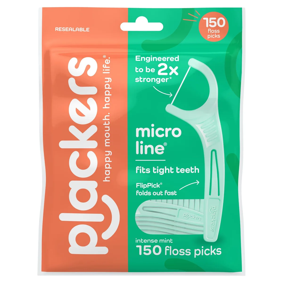 Teal rectangular box containing 150 mint floss picks with fold-out handles