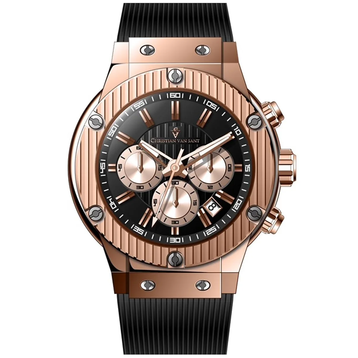 Christian Van Sant CV8146 red dial quartz watch with stainless steel case and rubber strap
