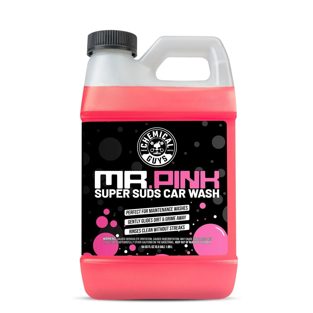 Pink car wash soap in a 64 oz white bottle with black cap