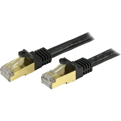 Black shielded Cat6a Ethernet cable, ten feet long, snagless RJ45 connectors with gold contacts