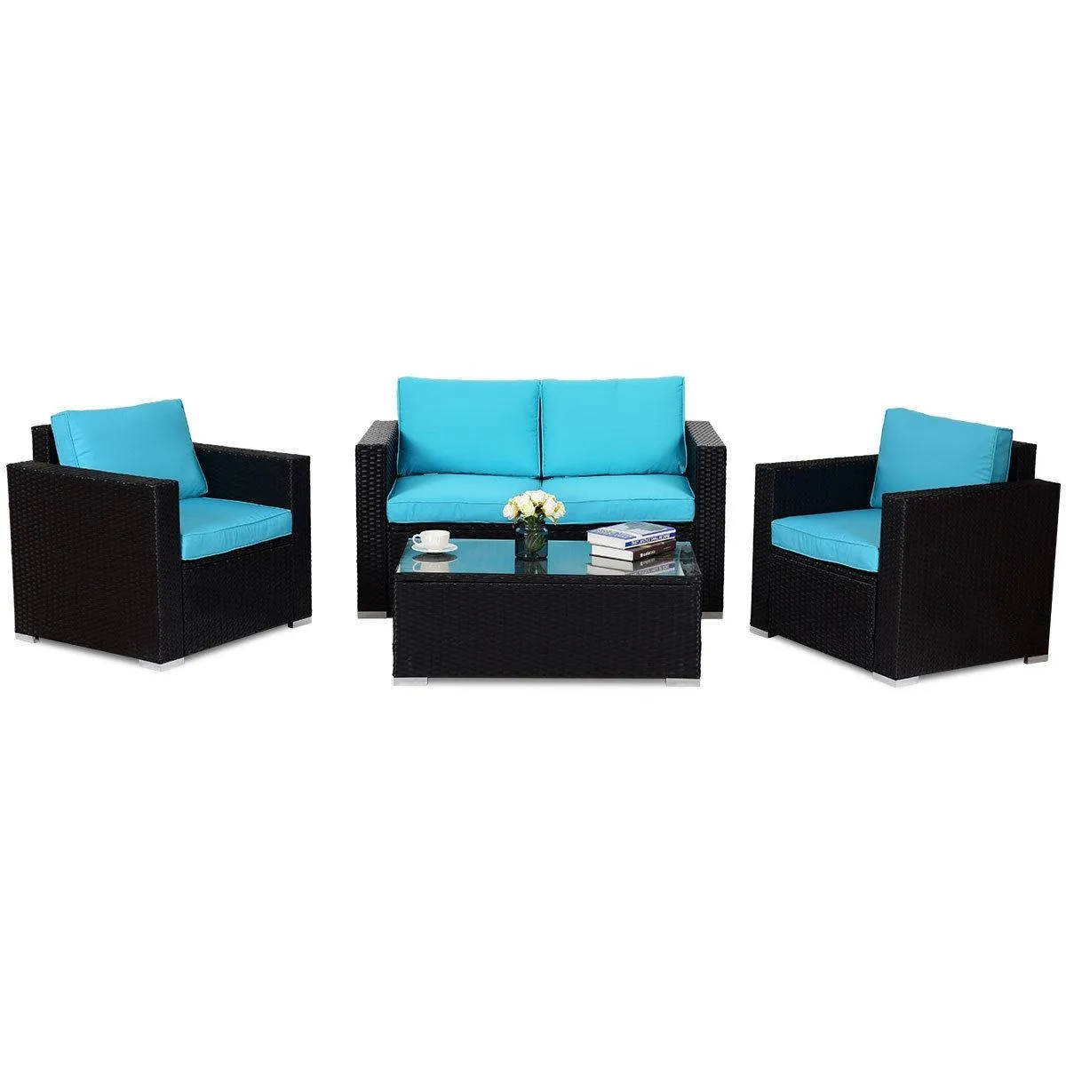 SlickBlue SlickBlue 4PC Rattan Patio Furniture Set Blue Cushion — product photo