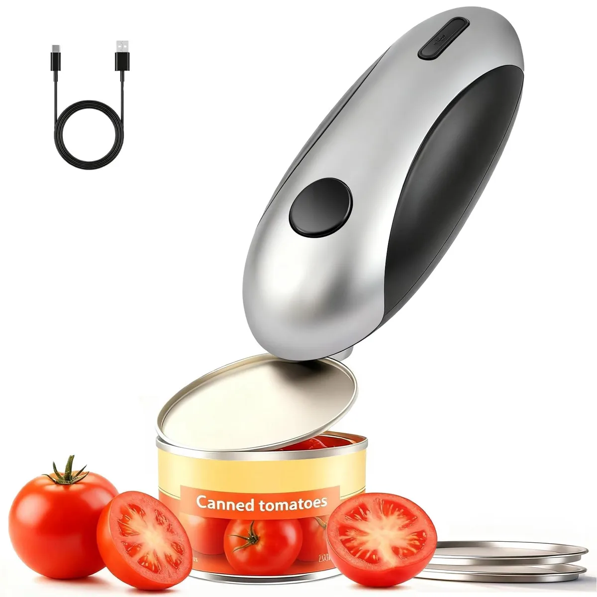 Silver and black automatic can opener, compact cylindrical shape, smooth finish