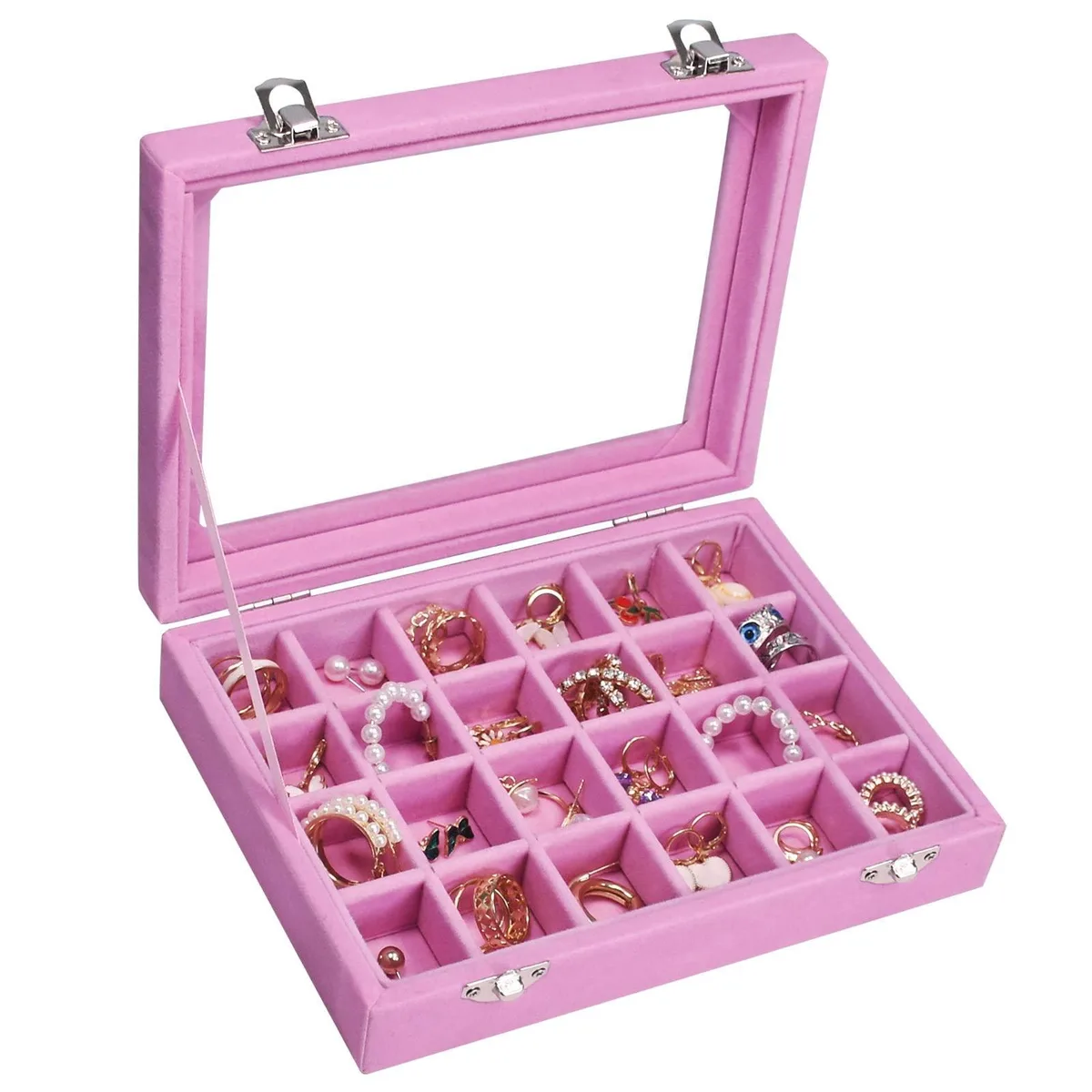  Vicoter Velvet Jewelry Box 24 Grid with Clear Lid — product photo