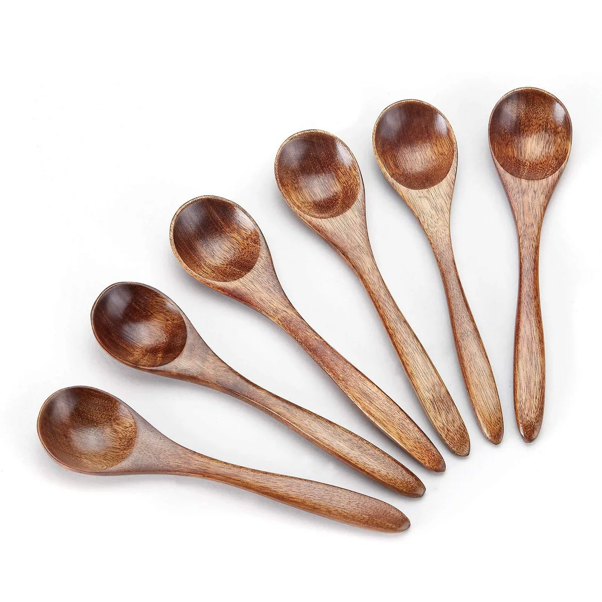 Sixteen light wooden teaspoons 5.3 inches long with smooth rounded bowls and slender handles